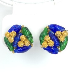Elegant Vintage Les Bernard Clip On Earrings Blue & Green Glass Golden Ornament