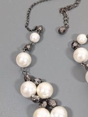 Gray Metallic White Faux Pearl Charm Chain Tassel Beaded Necklace 21 in