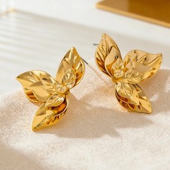 Vintage Gold Tone Floral Leaf Earrings Irregular Geometric Design Retro