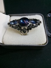 Ornate vintage-style ring with blue stones & marcasite-like accents. 1950s-1970s