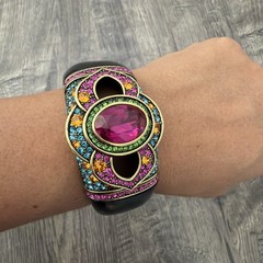Heidi Daus Crystal Cuff Bracelet Pink Fuchsia Aqua Multi Color Hinged Statement