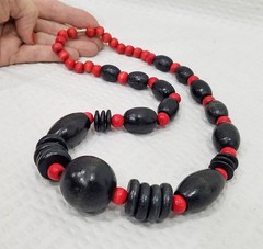 Vintage 1970s Boho Ethnic Tribal Chunky Red and Black Wooden Geo Bead Necklace