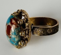 Vintage Ring Turquoise Faux Cabachon Oval Filigree Sz Adjustable Band Engraved