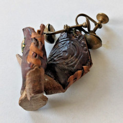 Vintage Brown Cowboy Leather Boots/ Wood Heels Screw Back Earring Made In Mexico