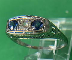 18k White Gold Art Deco Natural European Cut Diamond & Sapphire Ring
