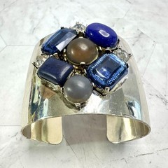 Silver Tone Rhinestone Wide Cuff Bracelet Statement Blue Bezel Cabochon Stones
