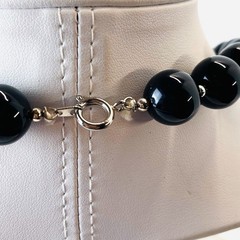 Vtg 1960s Beaded Necklace – 28” -Tagged GENUINE LUCITE -Black Pearl Silver Beads