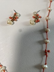 Vintage~GLASS Woman’s Coral and Natural PEARL Bead Necklace/Earrings Set