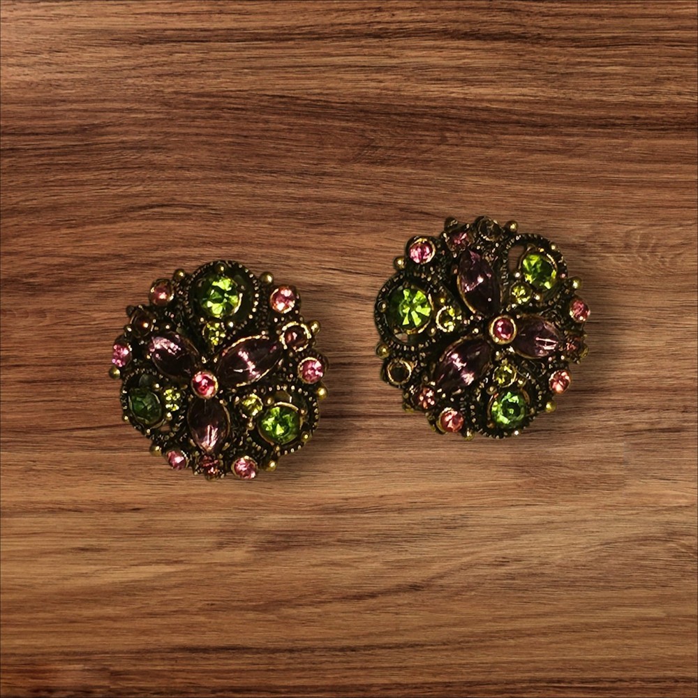 HOLLYCRAFT Pink And Green Rhinestone Vintage Clip On Earrings