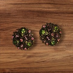 HOLLYCRAFT Pink And Green Rhinestone Vintage Clip On Earrings