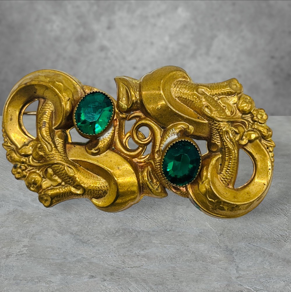 Vintage Art Deco Green Glass Octagon Cut Gold Tone Pinchbeck Pin Large 3″ Brooch