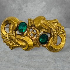 Vintage Art Deco Green Glass Octagon Cut Gold Tone Pinchbeck Pin Large 3″ Brooch