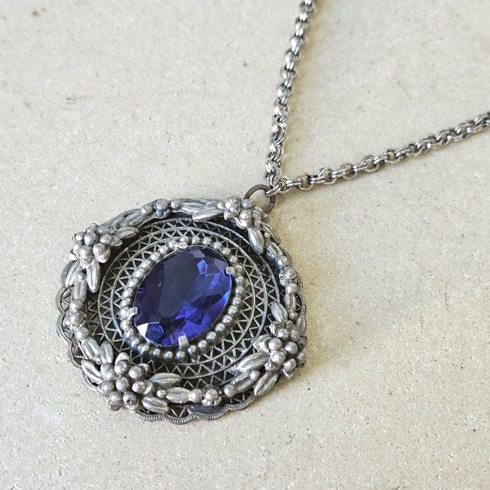 Vtg Antique Silver Tone Filigree Blue Glass Stone Pendant Necklace Victorian