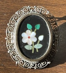 Antique 800 Silver Pietra Dura Floral Mosiac Filigree Oval Brooch