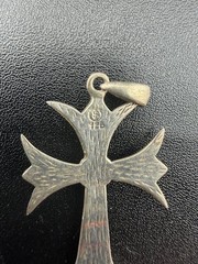 925 Sterling Silver Gothic Maltese Cross Pendant Gold Tone Green Inset Necklace