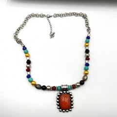 VTG Retro Multi-Color Beads Faux Stone Necklace Silver Tone Orange Resin Pendant