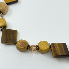 Vintage Earthy Tiger’s Eye & Wooden Square Bead Boho Statement Necklace Classic