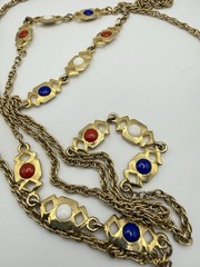 Vintage Red, White & Blue Gold Tone Station Necklace 56” Opera