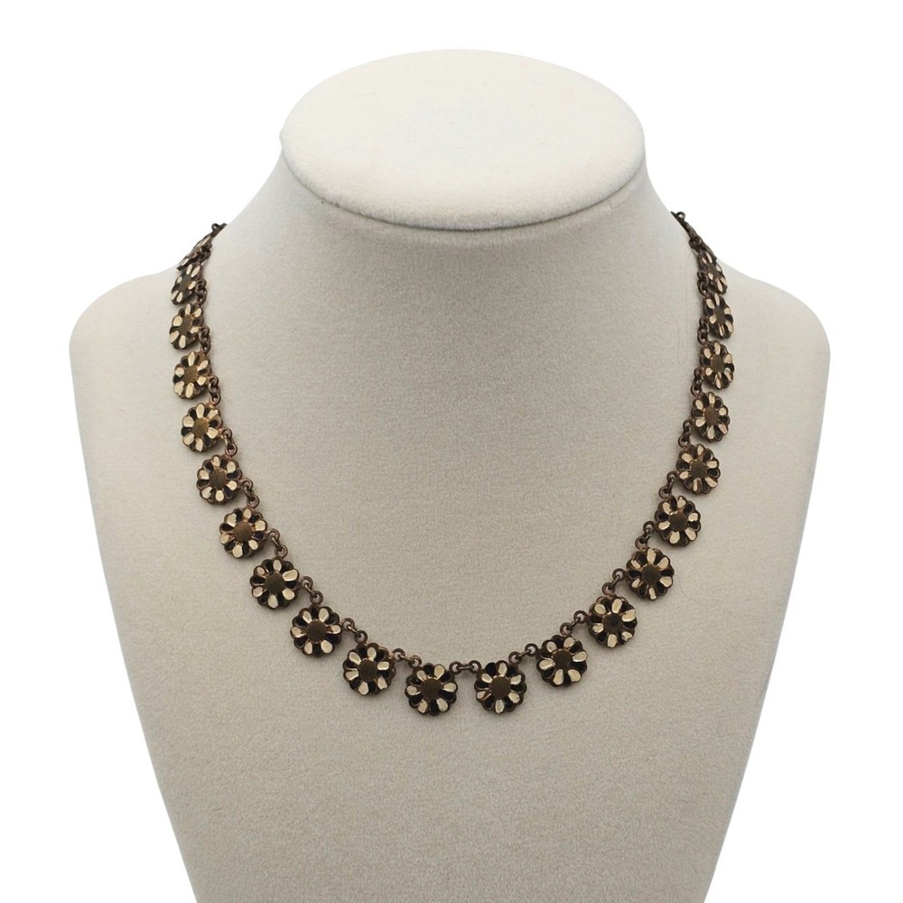 Vtg Floral Brass 15″ Choker Necklace Mid Century Linked Hand Painted Czech Style