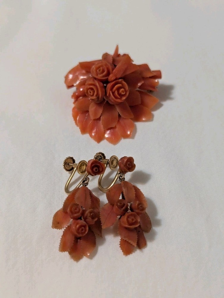 Antique Floral Carved Coral Pin And Earrings