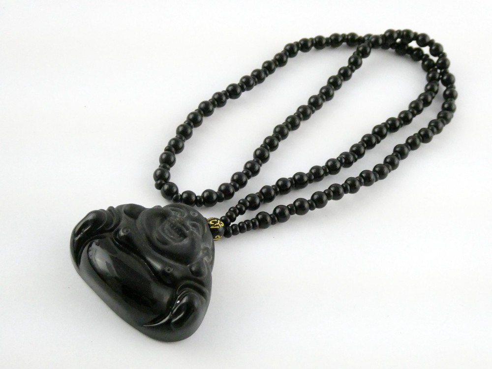 Black Onyx Carved Buddha Pendant Necklace Black Beaded Strand No Clasp 68.5g