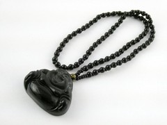 Black Onyx Carved Buddha Pendant Necklace Black Beaded Strand No Clasp 68.5g