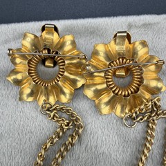 Vintage Double Brooch Set Chatelaine Gold Tone Chain