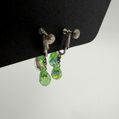 Vintage Green Aurora Borealis Crystal Screw Back Dangle Earrings 1940s 1950s