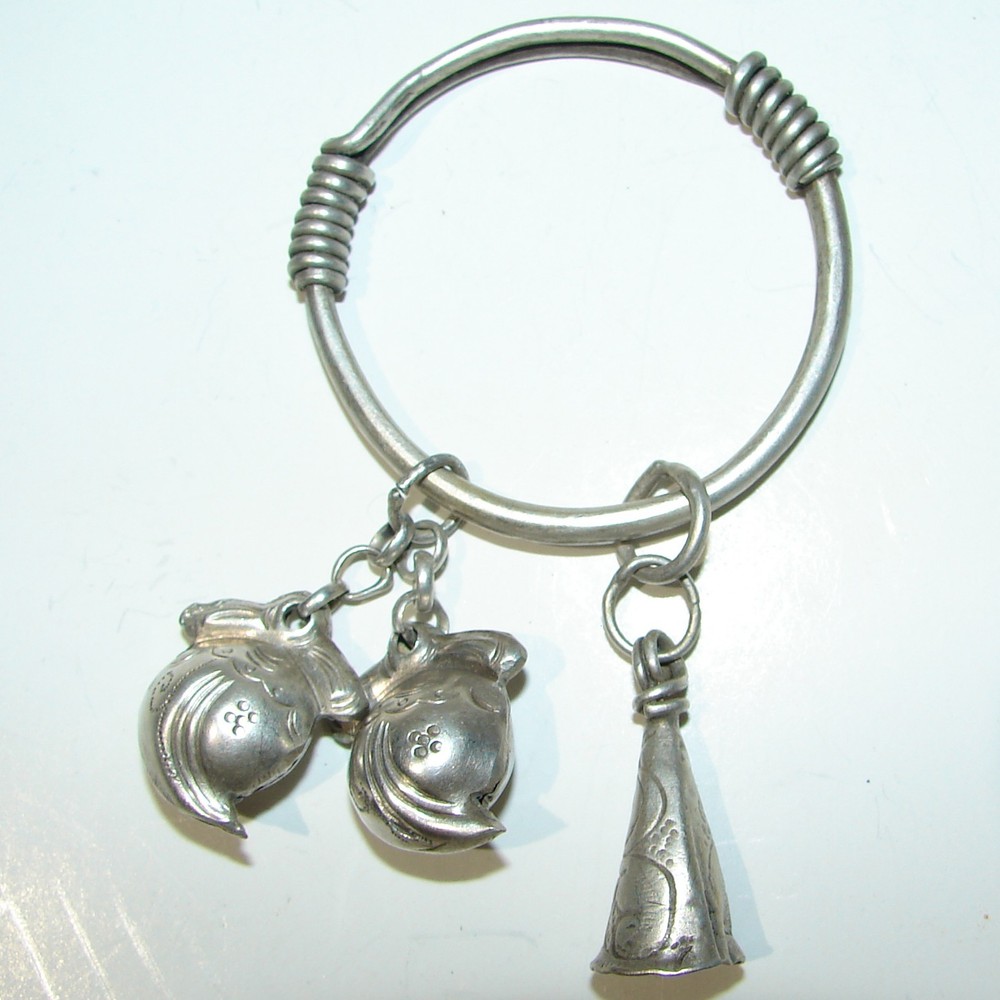 Sterling Silver Ring Pendant 3″ length ring with 3 charms, 2.75″ diameter