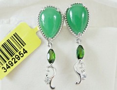 Sterling Silver 925 Green Jade Drop Unique Dangle Earrings