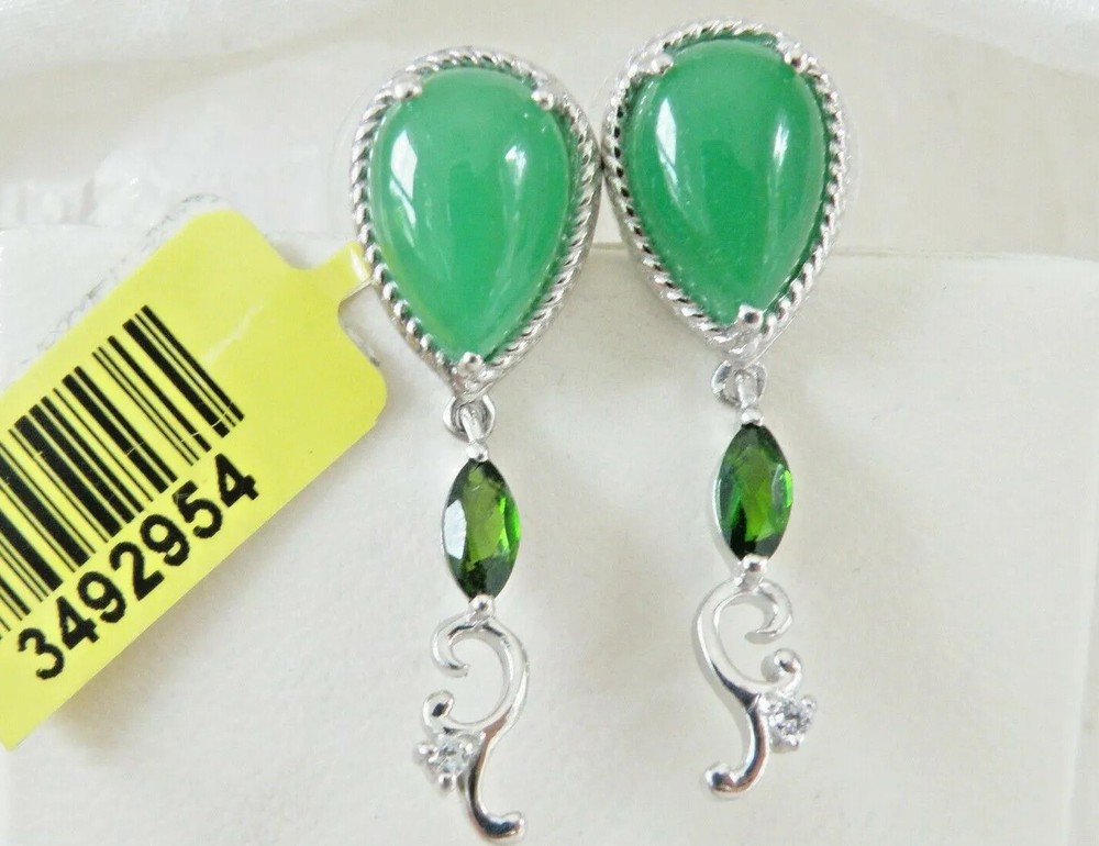 Sterling Silver 925 Green Jade Drop Unique Dangle Earrings
