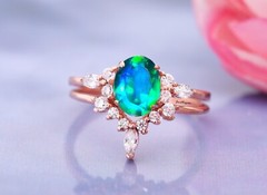 Oval Cut Peacock Quartz Engagement Ring Set 2 Pcs 14K Gold Plated Ring Gifts