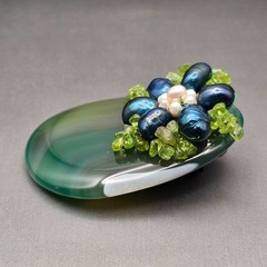 Vintage Green Banded Agate Brooch Pendant Pearl Floral YZ Yashgan Designer