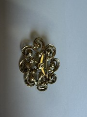 Gold Tone Blue & Green Crystal Rhinestone White Faux Pearl Pin