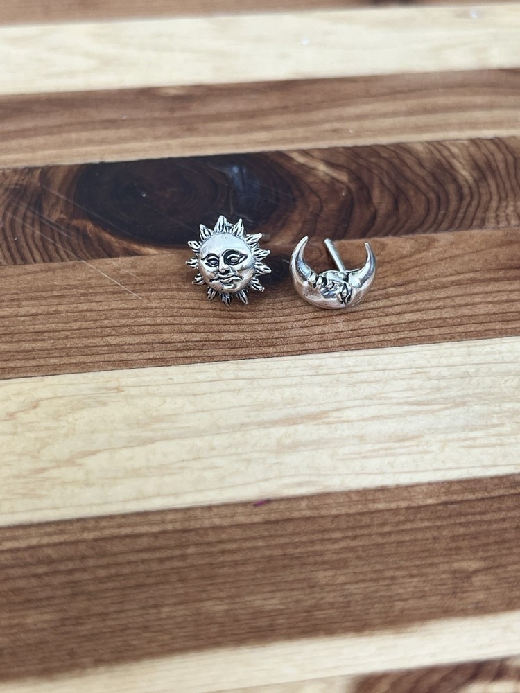 Celestial Sun Moon Stud Sterling Silver Earrings 925