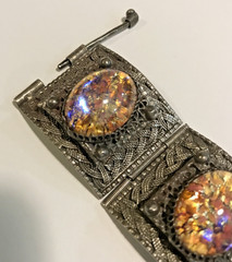 Vintage Large Art Glass Cabochon Braided Sterling Silver Bracelet Faux Fire Opal