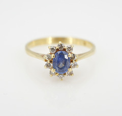 Vintage 18k Blue Sapphire Diamond Halo Ring Yellow Gold Size 7.5 Natural RG5116