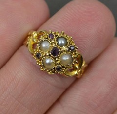 Victorian 18ct 18k Gold Almandine Garnet Pearl Cluster Ring Sz 5.5 Hallmark 1867