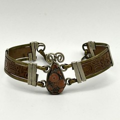 Leather Jasper Stone Bracelet Egyptian Revival Vintage Brass 6.75 in