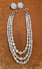 Vintage 8″ 3-Strand, Iridescent Beaded Choker And Matching Clip Earrings