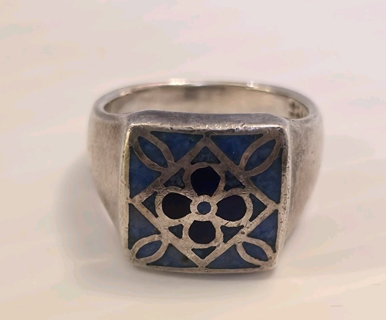 Vintage 925 Serling Silver RIng Square Bezel Blue Lapis Lazuli Geometric Pattern