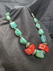 Large Vintage Sterling Silver Chunky Natural Turquoise & Coral 26in Necklace