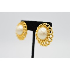 Marvella Vintage Clip On Earrings Chunky Faux Pearl Gold Signed 1980s 80s NOS W5