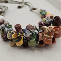 Vintage Folk Art Pottery Mug Bead Necklace Ceramic Tankard Bib Statement Boho