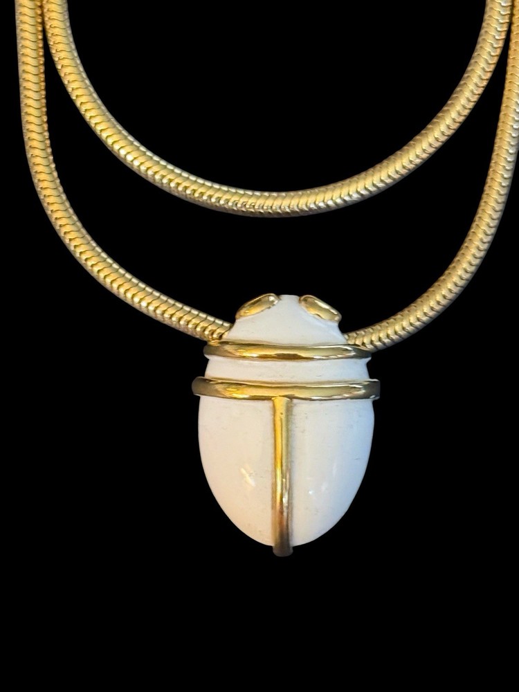 Vintage MONET White Enamel SCARAB Snake Chain SIGNED Gold Tone Necklace 14.5”