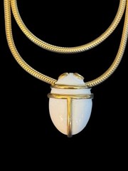 Vintage MONET White Enamel SCARAB Snake Chain SIGNED Gold Tone Necklace 14.5”