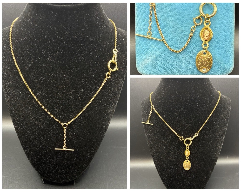 Vintage 12k Gold Filled Pocket Watch Chain FOB, Dog Clip, T-Bar, O-Ring, Cameo