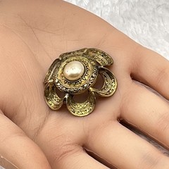 Vintage Ornate Etched Flower Brooch Faux Pearl Center C Clasp 1.5″