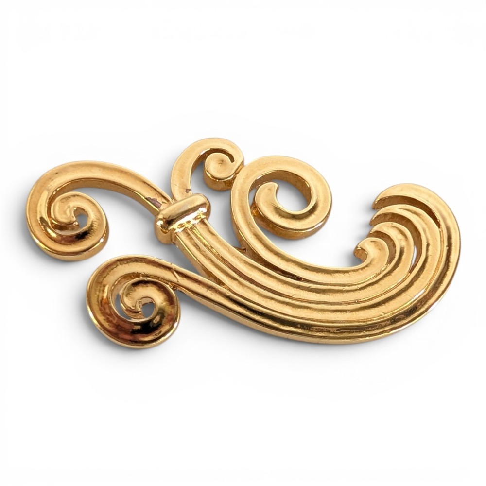 Monet Vintage Abstract Wave Brooch Gold Tone Mid Century Modern Scrolling Plume