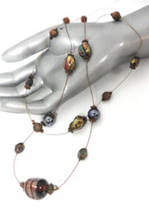 Vtg Art Glass Beaded Station Necklace Bohemian Murano Copper Iridescent 2 Strand